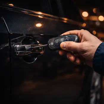 Automotive locksmith working on a car door lock at night in North Florida