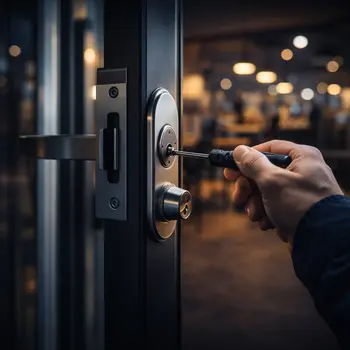 Commercial locksmith installing a secure door lock at a business property in North Florida