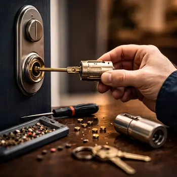Locksmith performing lock rekeying service on a residential door in North Florida