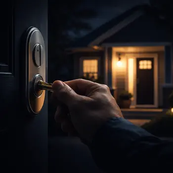 Residential locksmith installing a deadbolt lock on a front door in North Florida