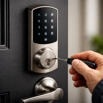 Smart lock installation service on a modern front door in North Florida
